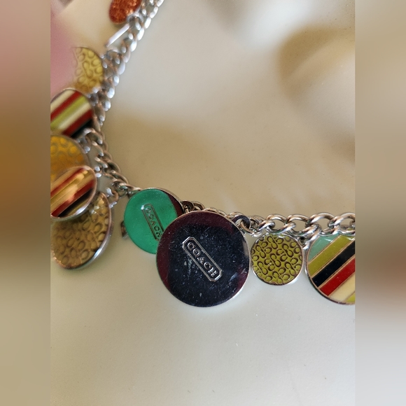 COACH Rare HTF Chunky Silver Metal Logo Yellow GOLD Charm CC Toggle Necklace - Picture 11 of 12